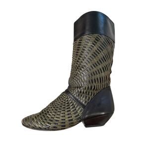 Charles Jourdan Woven Leather Mid-Calf Boots Made in Spain Black Olive Size 5B